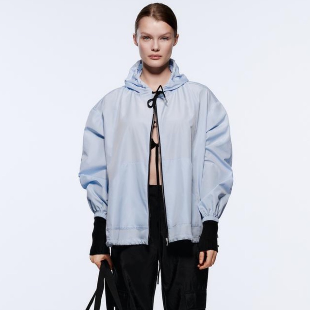 ZARA Blue Light Weight Hooded Windbreaker Jacket LARGE